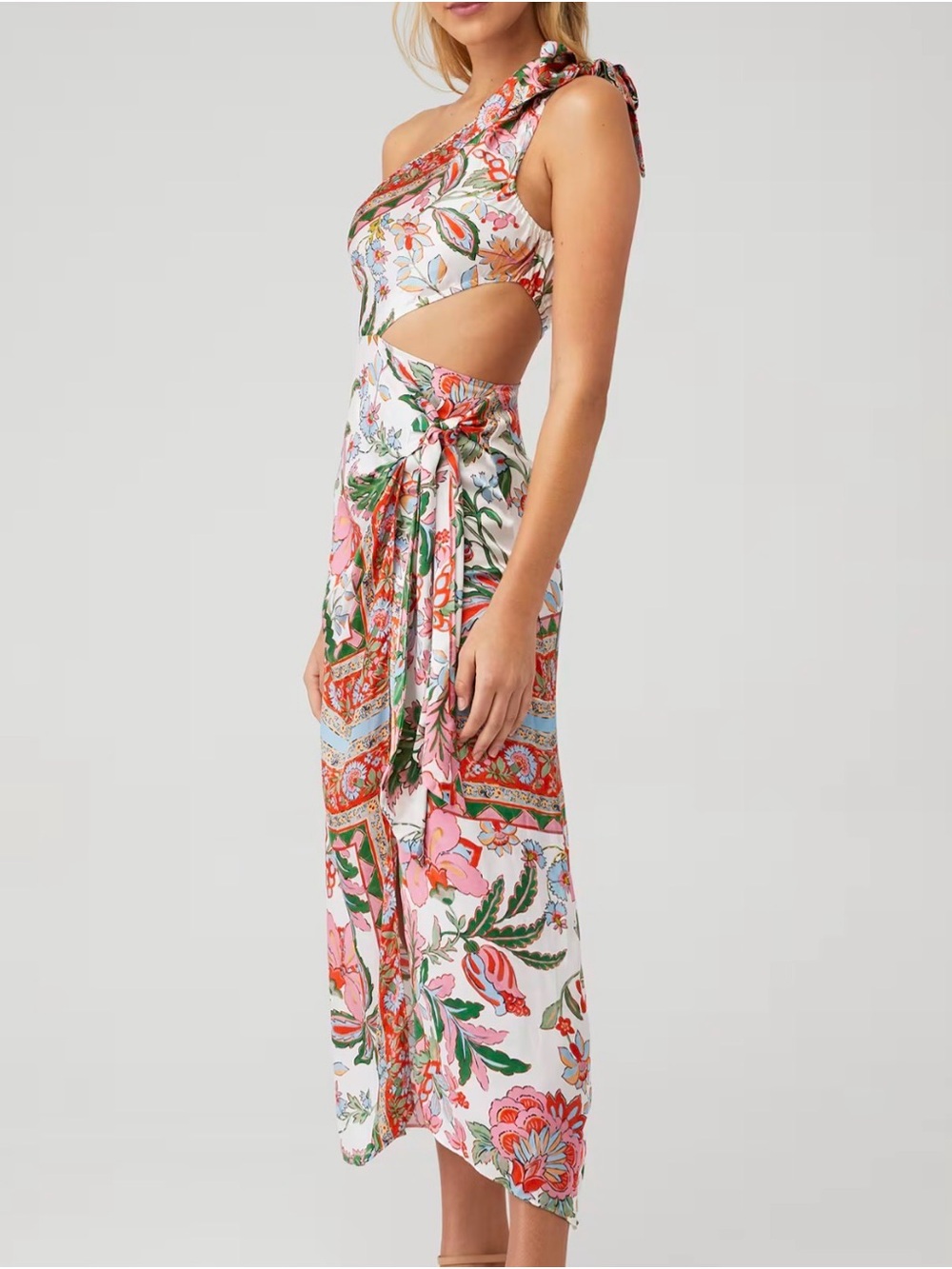 Misa Los Angeles One-Shoulder Floral Serina Maxi Dress in White, Pink, Green